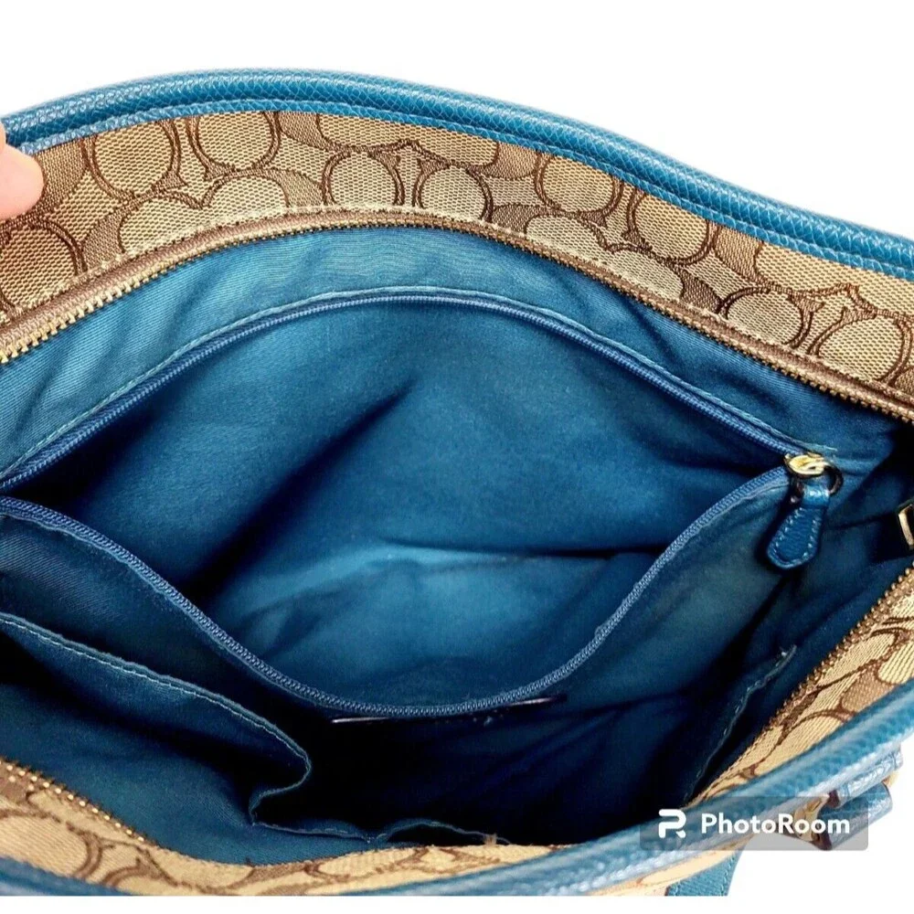Coach Khaki Canvas Blue Leather Monogram Signature Tote Shoulder Bag Purse